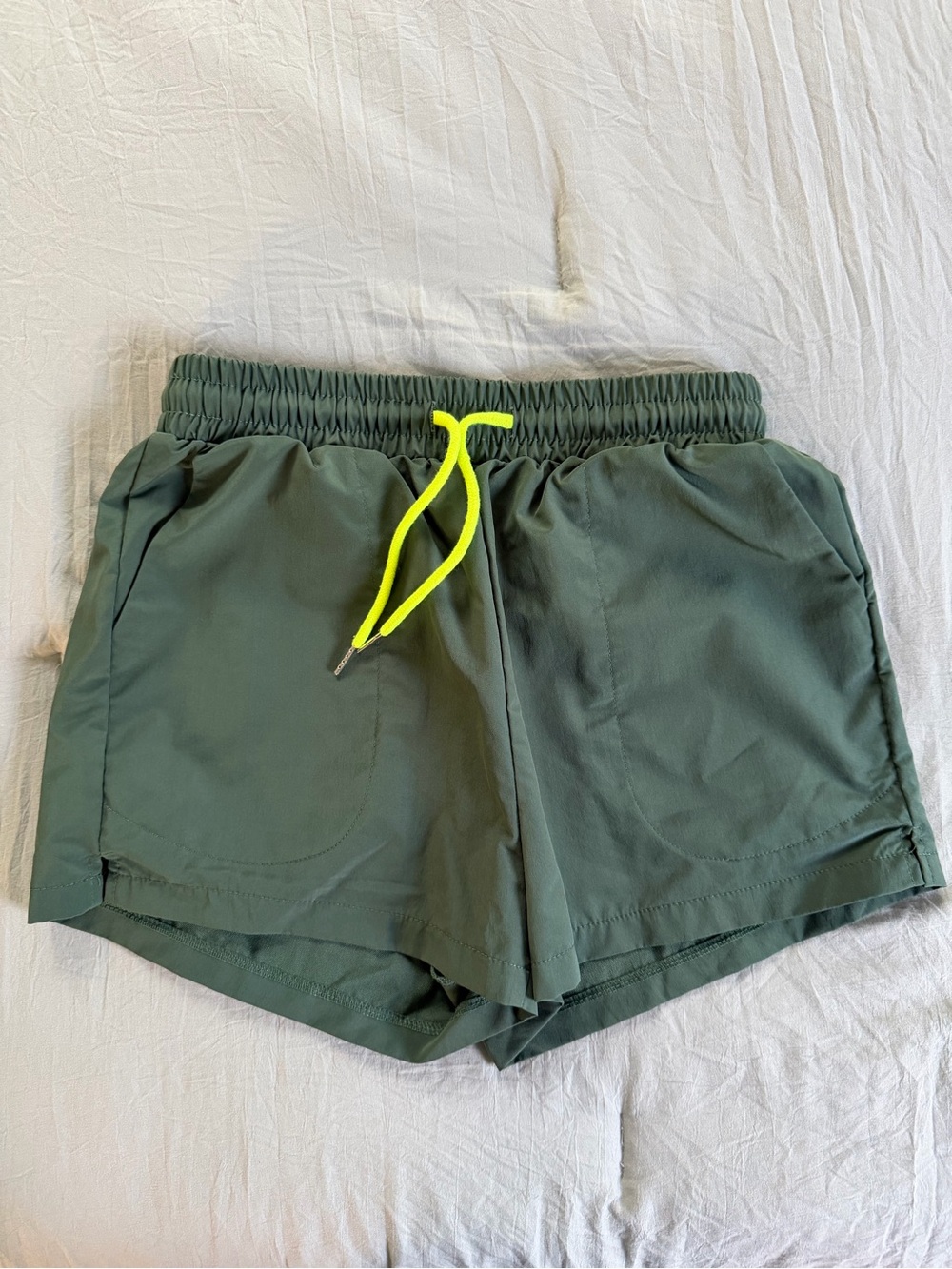 Women’s Green Athletic Shorts with Neon Yellow Drawstring